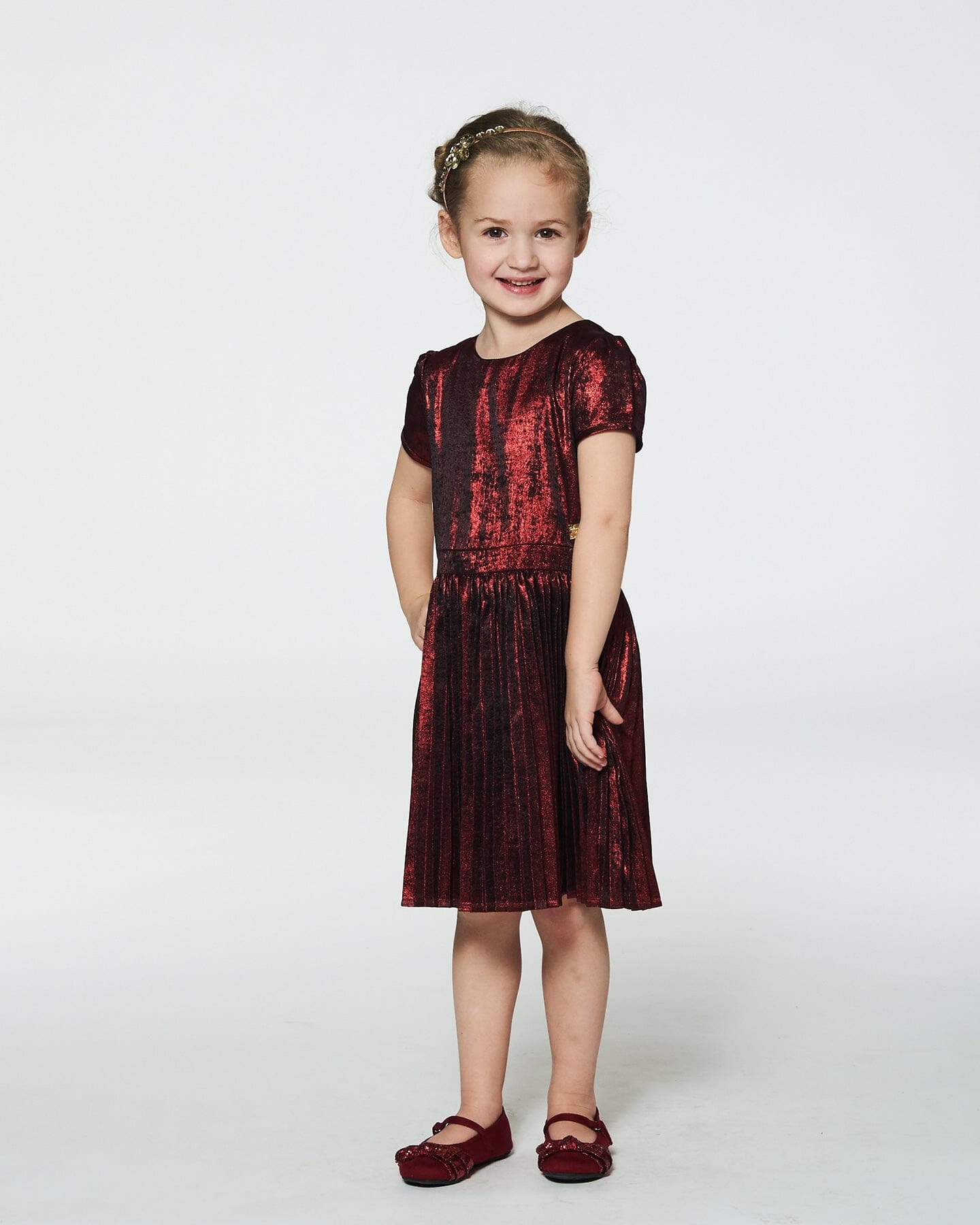 Short Sleeve Dress With Pleated Skirt Metallic Red Dresses Deux par Deux 