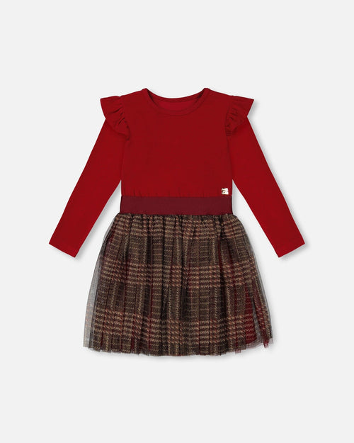 Long Sleeve Dress With Glittering Tulle Skirt Red Plaid Dresses Deux par Deux 