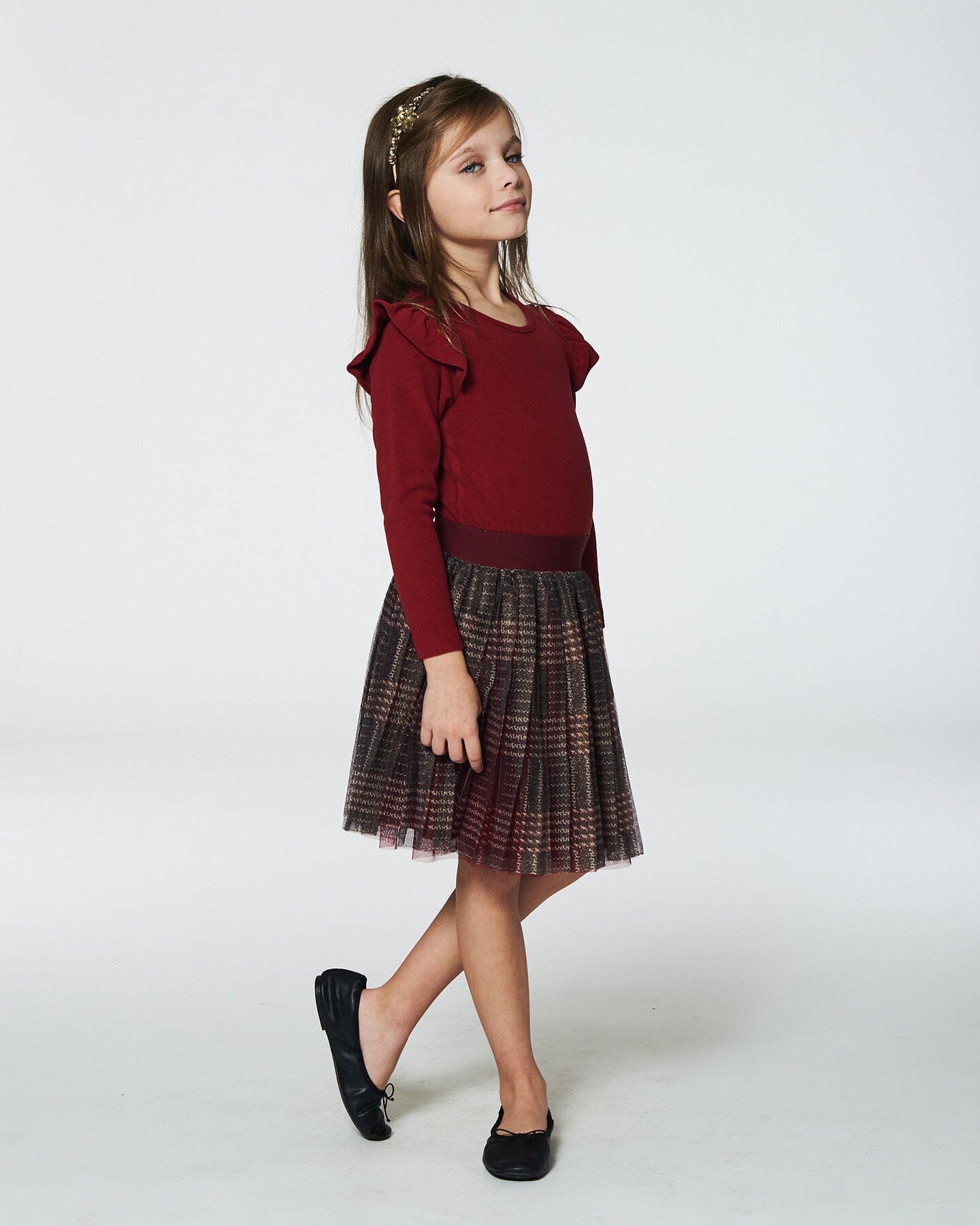 Long Sleeve Dress With Glittering Tulle Skirt Red Plaid Dresses Deux par Deux 