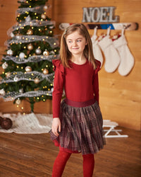 Long Sleeve Dress With Glittering Tulle Skirt Red Plaid Dresses Deux par Deux 