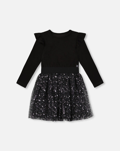 Long Sleeve Dress With Glittering Tulle Skirt Black Dresses Deux par Deux 