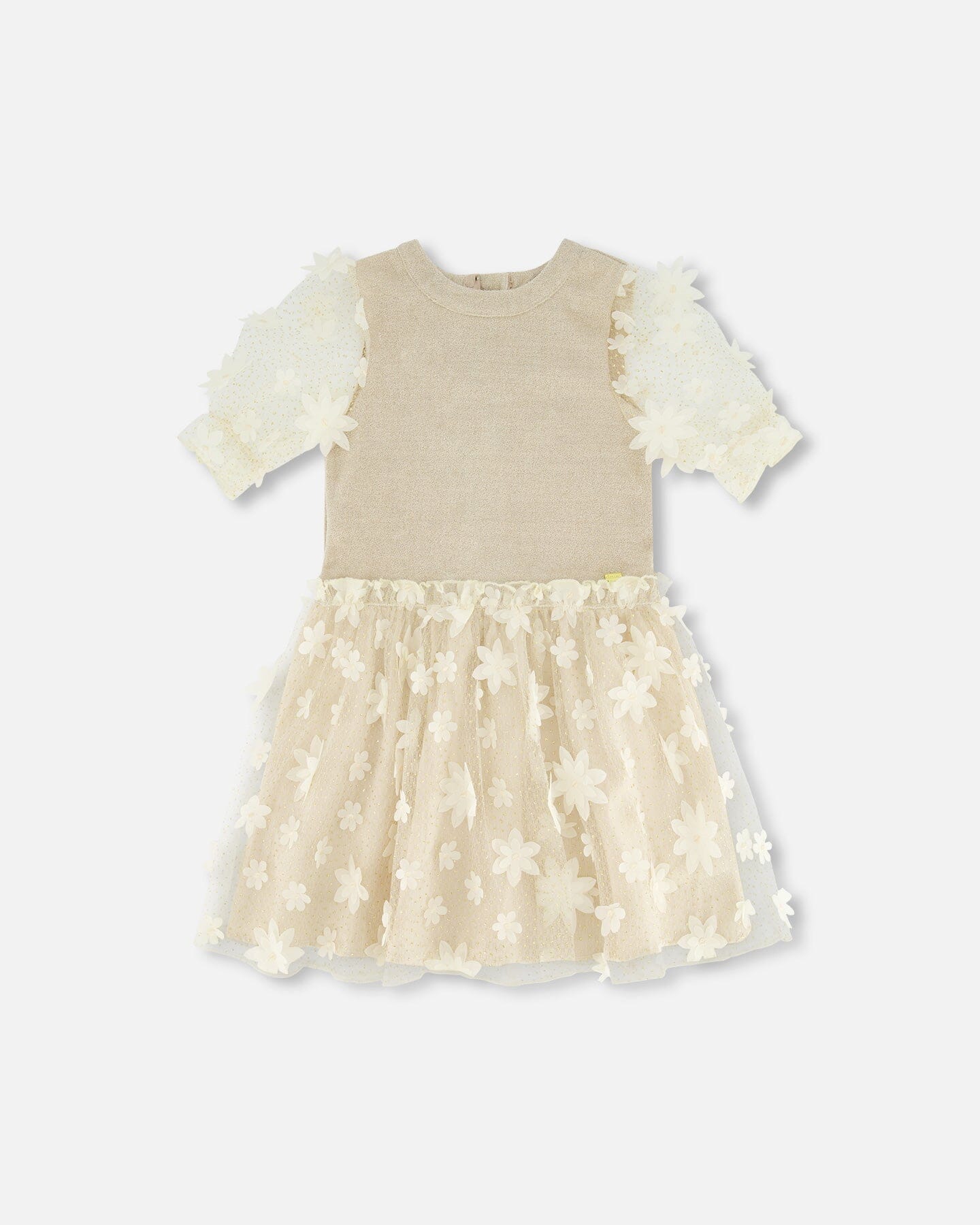 Elbow Sleeve Dress With Tulle Skirt Glittering Beige - G20O90_101