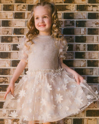 Elbow Sleeve Dress With Tulle Skirt Glittering Beige Dresses Deux par Deux 