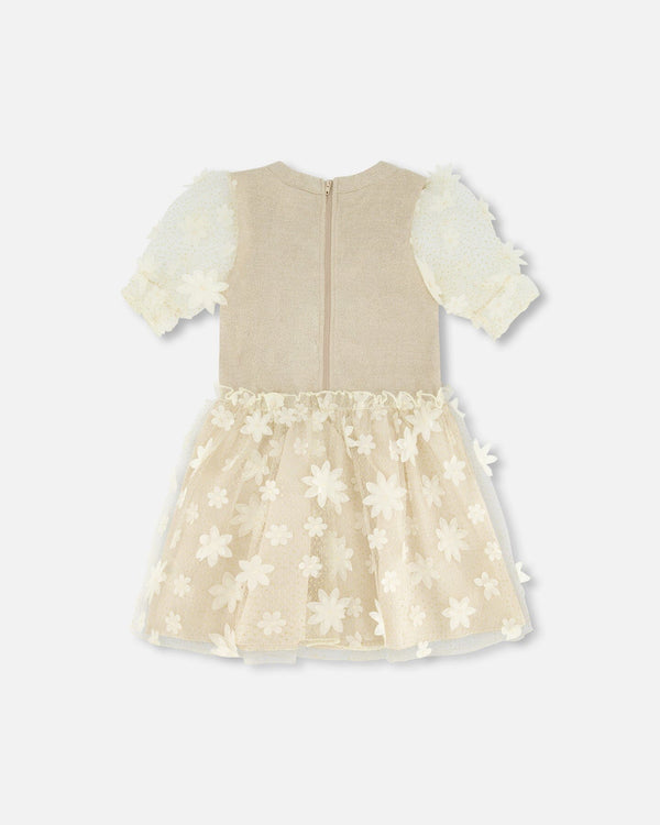 Elbow Sleeve Dress With Tulle Skirt Glittering Beige - G20O90_101