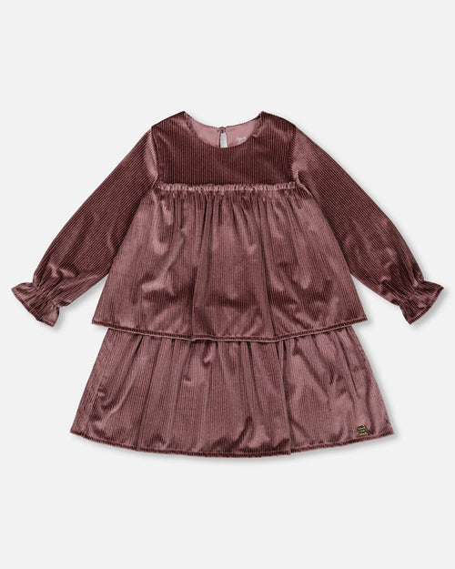 Long Sleeve Metallic Dress With Frills Burgundy - G20O94_550