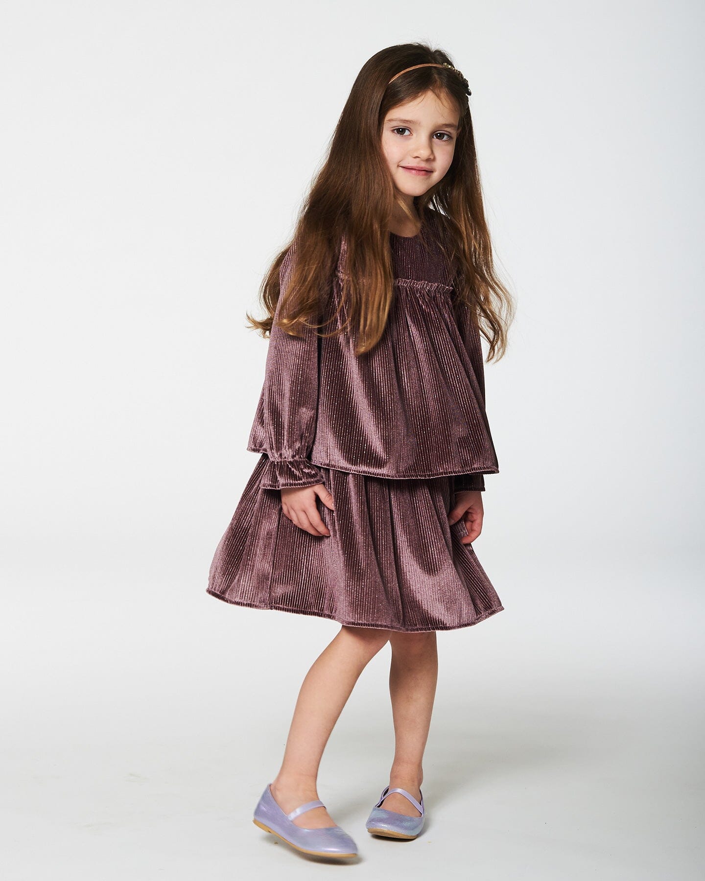 Long Sleeve Metallic Dress With Frills Burgundy Dresses Deux par Deux 