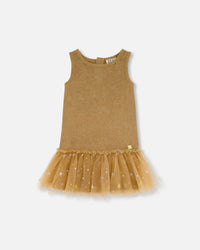 Bi-Material Sleeveless Dress With Frill Golden Brown - G20O97_130