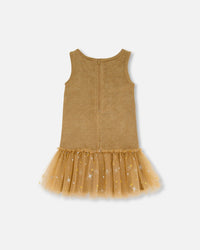 Bi-Material Sleeveless Dress With Frill Golden Brown - G20O97_130