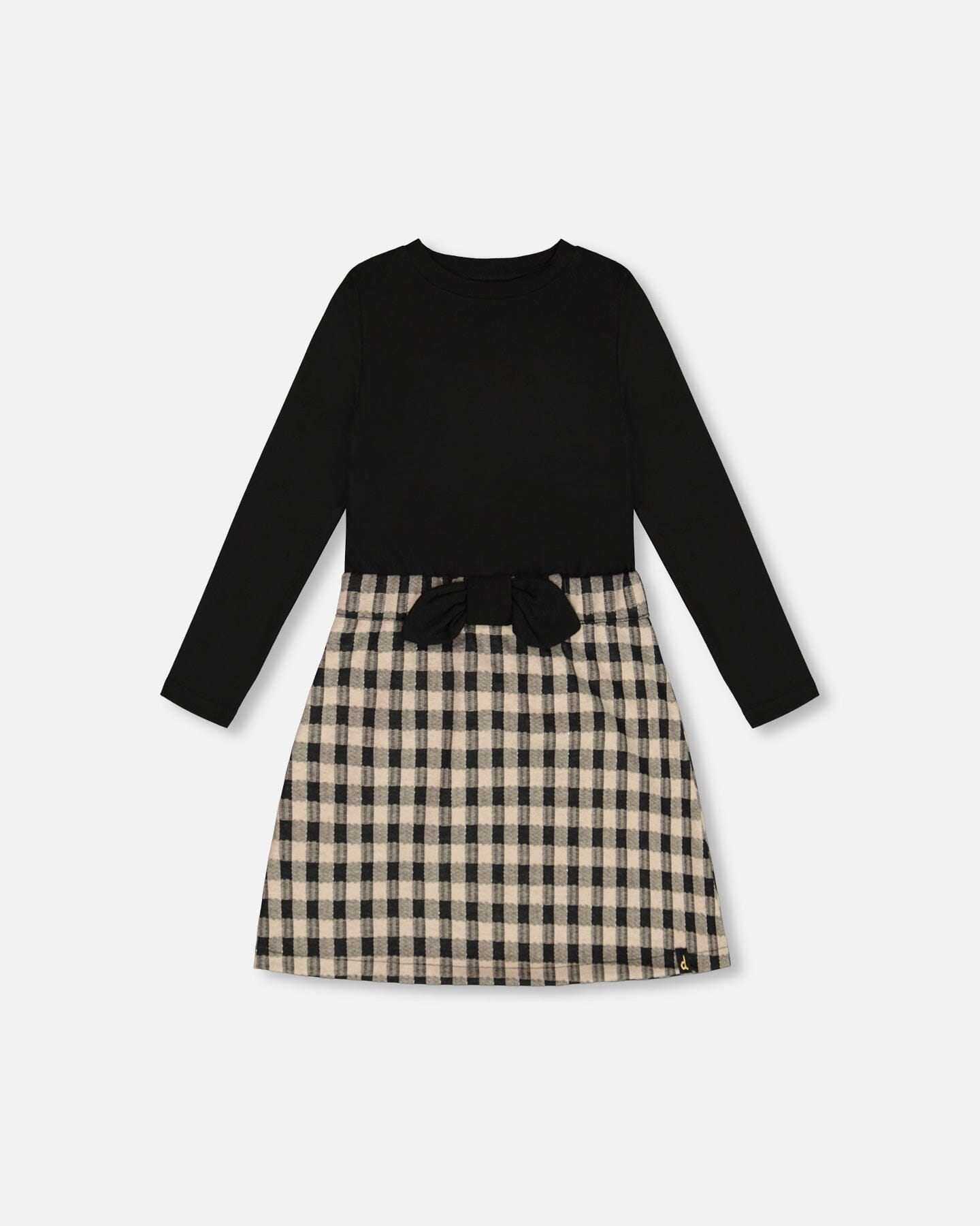 Bi-Material Dress With Bow Plaid Black And Beige - G20O99_089