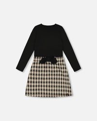 Bi-Material Dress With Bow Plaid Black And Beige - G20O99_089