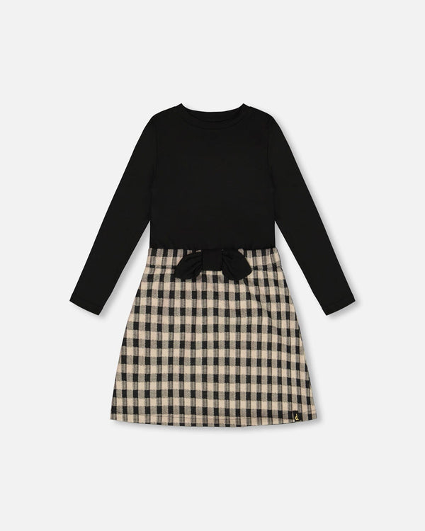 Bi-Material Dress With Bow Plaid Black And Beige - G20O99_089