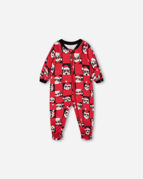 Organic Cotton One Piece Pajama Red Printed Santa Pajamas Deux par Deux 