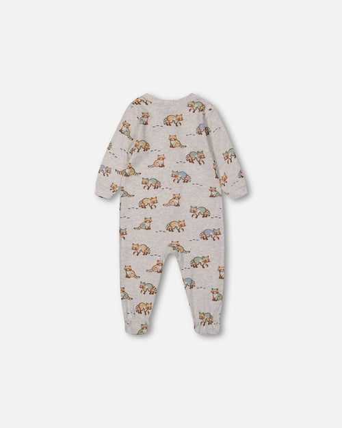 Organic Cotton One Piece Pajama Beige Mix Printed Racoons Pajamas Deux par Deux 