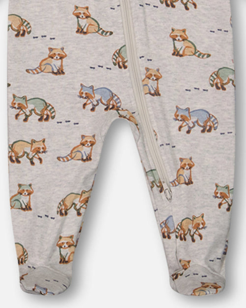 Organic Cotton One Piece Pajama Beige Mix Printed Racoons Pajamas Deux par Deux 