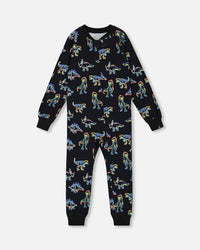 Organic Cotton One Piece Pajama Black Printed Neon Dino Pajamas Deux par Deux 