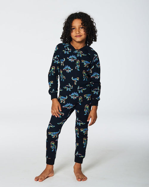 Organic Cotton One Piece Pajama Black Printed Neon Dino Pajamas Deux par Deux 