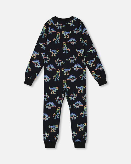 Organic Cotton One Piece Pajama Black Printed Neon Dino Pajamas Deux par Deux 