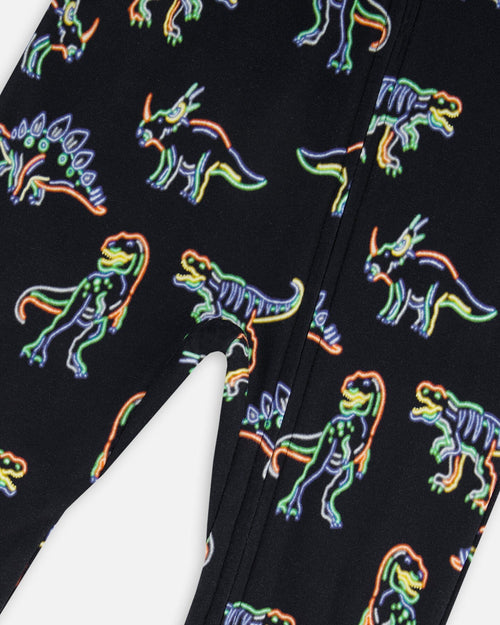 Organic Cotton One Piece Pajama Black Printed Neon Dino Pajamas Deux par Deux 