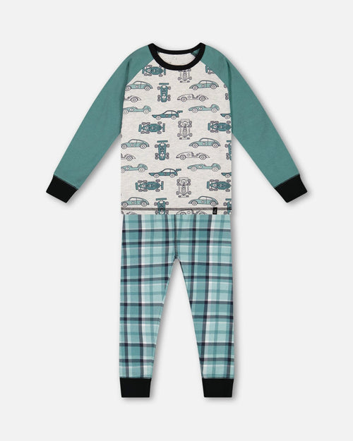 Organic Cotton Two Piece Pajama Set Green Printed Cars Pajamas Deux par Deux 