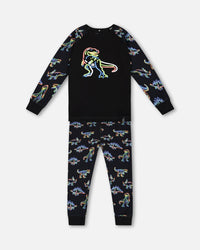 Organic Cotton Two Piece Pajama Set Black Printed Neon Dino Pajamas Deux par Deux 