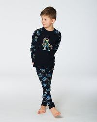 Organic Cotton Two Piece Pajama Set Black Printed Neon Dino Pajamas Deux par Deux 