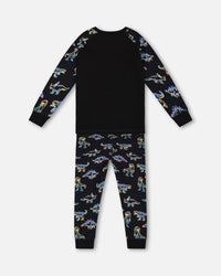 Organic Cotton Two Piece Pajama Set Black Printed Neon Dino Pajamas Deux par Deux 