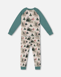 Organic Cotton Two Piece Pajama Set Gray Mix And Green Printed Reindeer Pajamas Deux par Deux 