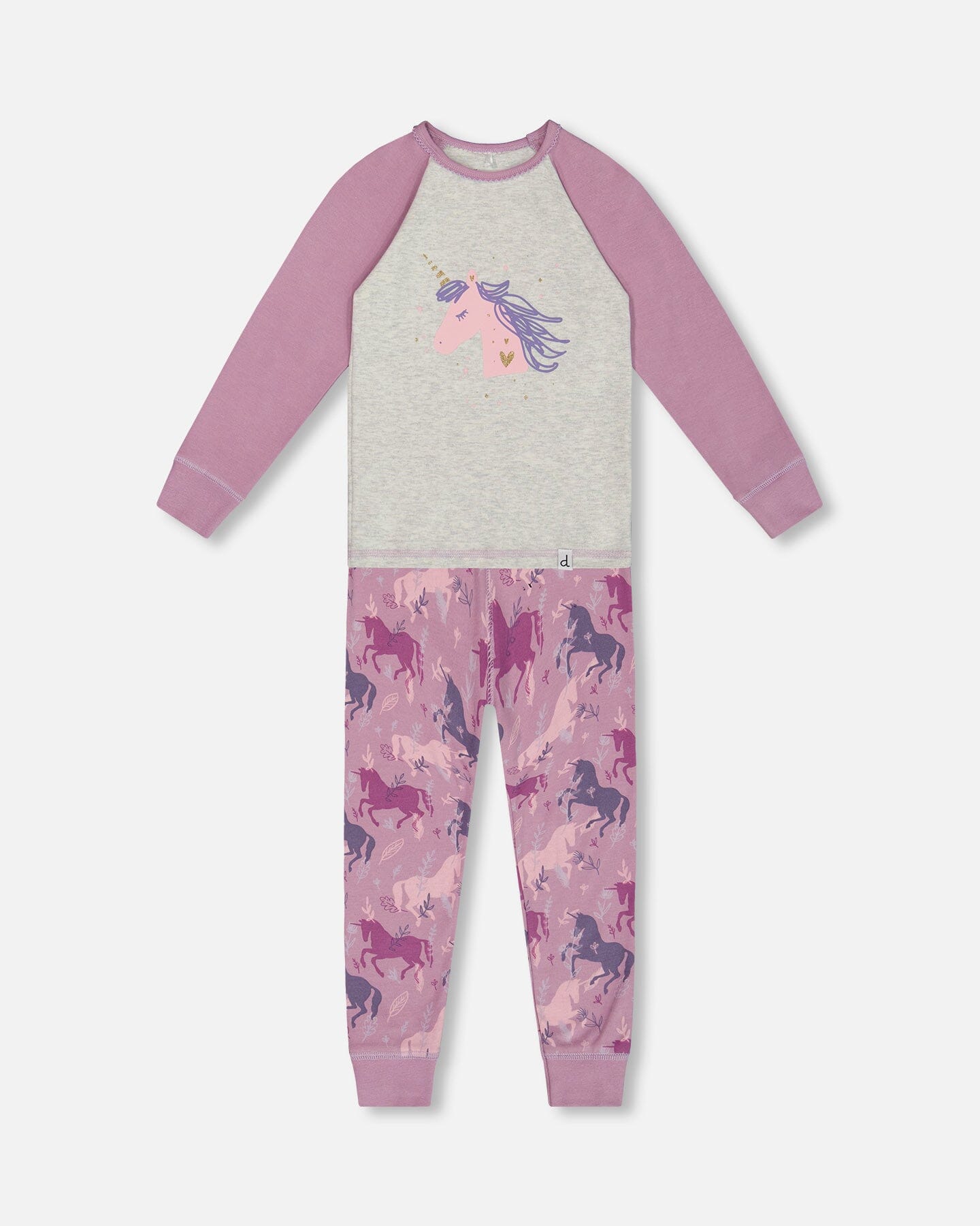 Organic Cotton Two Piece Pajama Set Mauve Printed Unicorns Pajamas Deux par Deux 