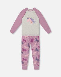 Organic Cotton Two Piece Pajama Set Mauve Printed Unicorns Pajamas Deux par Deux 