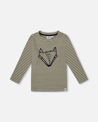 Super Soft Striped T-Shirt With Print Green And Beige Tees & Tops Deux par Deux 