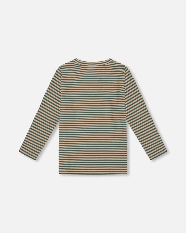 Super Soft Striped T-Shirt With Print Green And Beige Tees & Tops Deux par Deux 