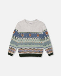 Jacquard Sweater With Fox Beige, Blue And Green Sweaters & Hoodies Deux par Deux 