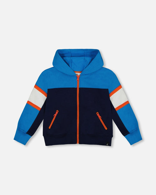 Full Zip Colorblock Hooded Fleece Sweatshirt Navy Sweaters & Hoodies Deux par Deux 