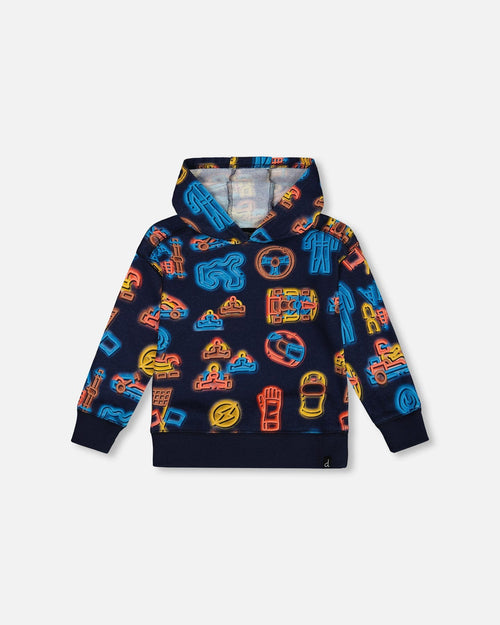 Hooded Printed Karting Fleece Sweatshirt Navy Sweaters & Hoodies Deux par Deux 