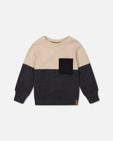 Haut super doux en jersey brossé avec poche matelassée bloc de couleur beige et noir