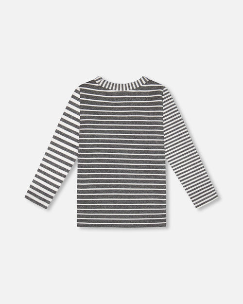 Striped Brushed T-Shirt With Pocket Gray And White Tees & Tops Deux par Deux 