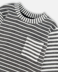 Striped Brushed T-Shirt With Pocket Gray And White Tees & Tops Deux par Deux 