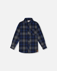 Button Down Flannel Shirt With Pocket Plaid Navy And Gray Tees & Tops Deux par Deux 