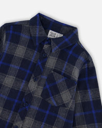 Button Down Flannel Shirt With Pocket Plaid Navy And Gray Tees & Tops Deux par Deux 