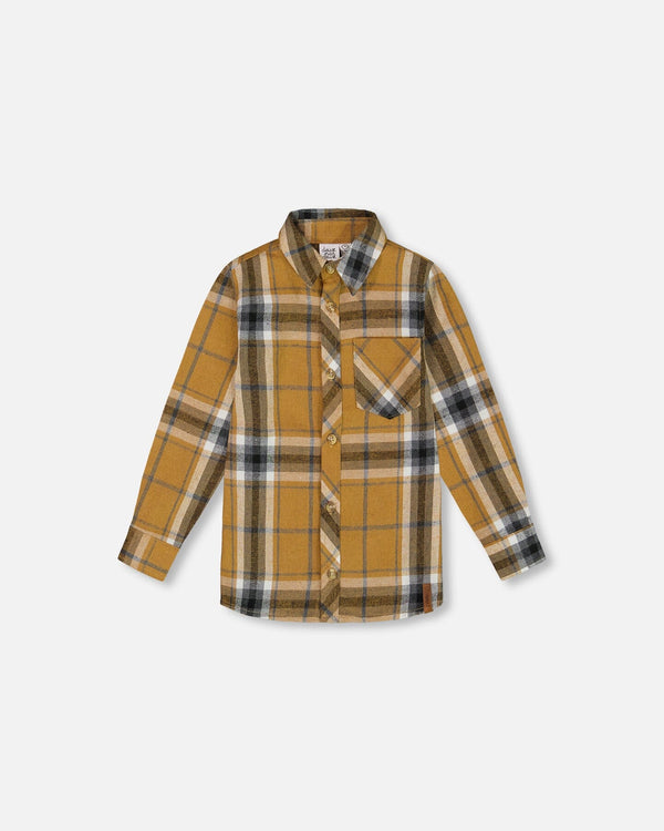 Button Down Flannel Shirt With Pocket Plaid Golden Yellow And Gray Tees & Tops Deux par Deux 