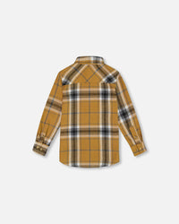 Button Down Flannel Shirt With Pocket Plaid Golden Yellow And Gray Tees & Tops Deux par Deux 