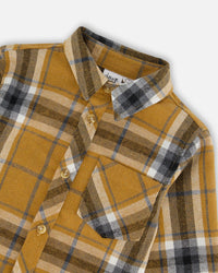 Button Down Flannel Shirt With Pocket Plaid Golden Yellow And Gray Tees & Tops Deux par Deux 