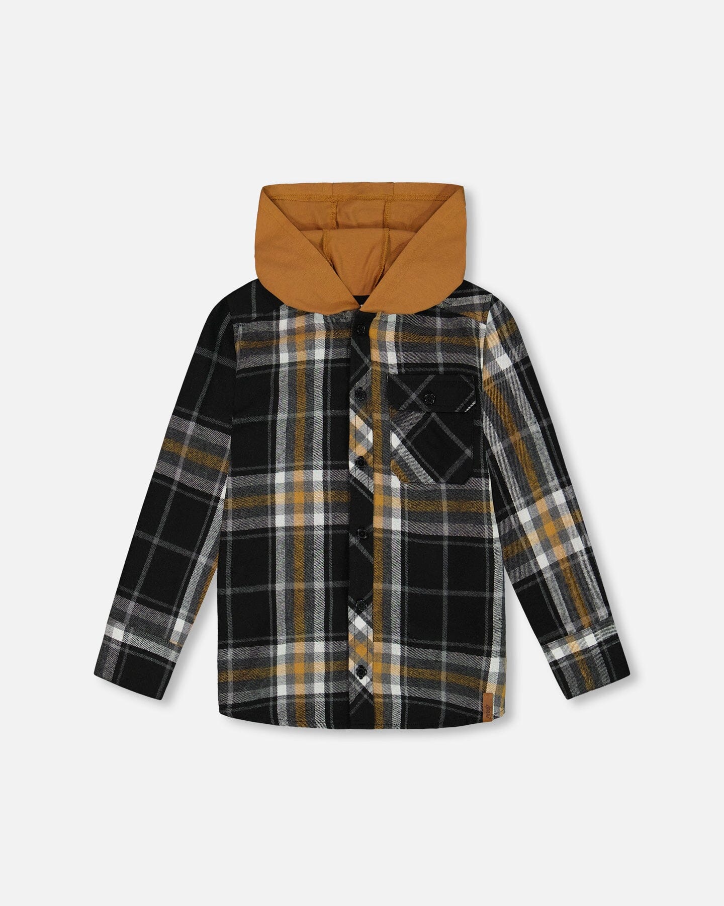 Button Down Flannel Shirt With Hood Plaid Black And Caramel Tees & Tops Deux par Deux 