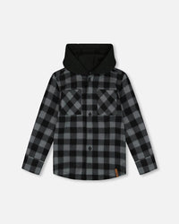 Polar Fleece Shirt With Hood Black Plaid Tees & Tops Deux par Deux 