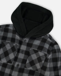 Polar Fleece Shirt With Hood Black Plaid Tees & Tops Deux par Deux 