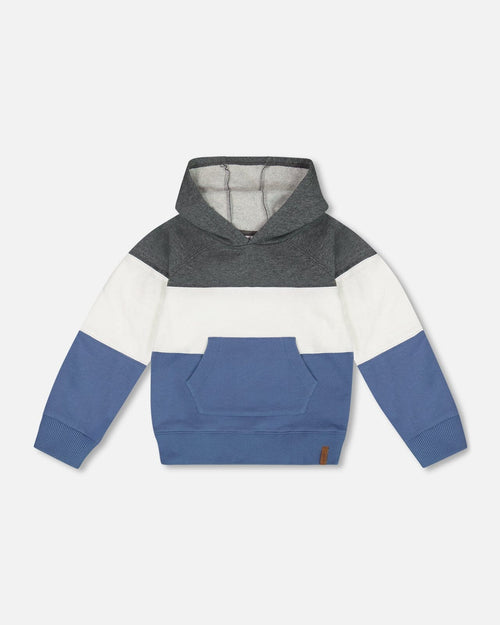 Colorblock Hooded Fleece Sweatshirt Gray, White And Blue Sweaters & Hoodies Deux par Deux 