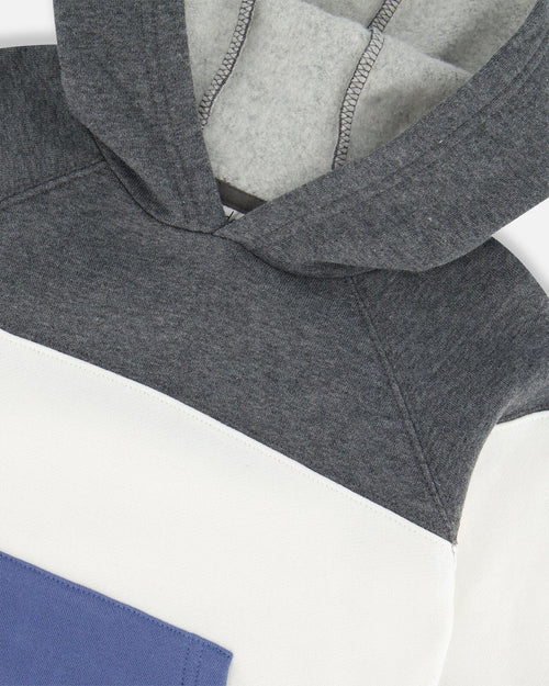 Colorblock Hooded Fleece Sweatshirt Gray, White And Blue Sweaters & Hoodies Deux par Deux 