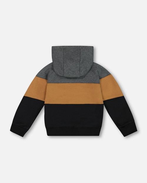 Colorblock Hooded Fleece Sweatshirt Dark Gray, Caramel And Black Sweaters & Hoodies Deux par Deux 