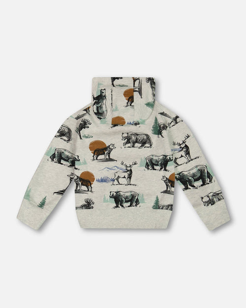 Printed Forest Animals Fleece Hooded Sweatshirt Gray Mix Sweaters & Hoodies Deux par Deux 