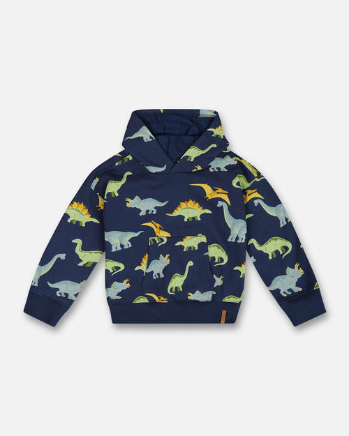 Printed Dino Fleece Hooded Sweatshirt Navy Sweaters & Hoodies Deux par Deux 